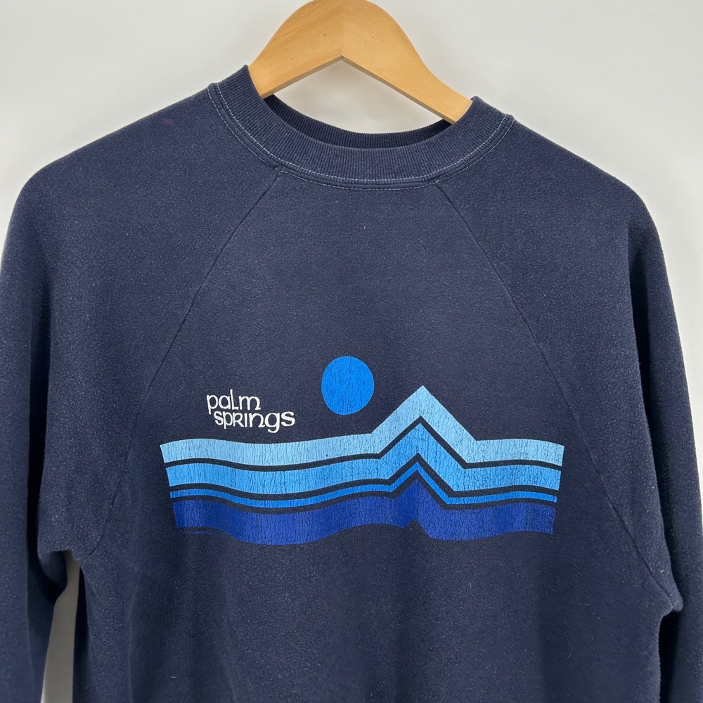 True Vintage 70s Palm Springs Sportswear Navy Blue Raglan Sweatshirt Large 21x23